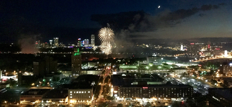 Fireworks viewed from a hotel room.